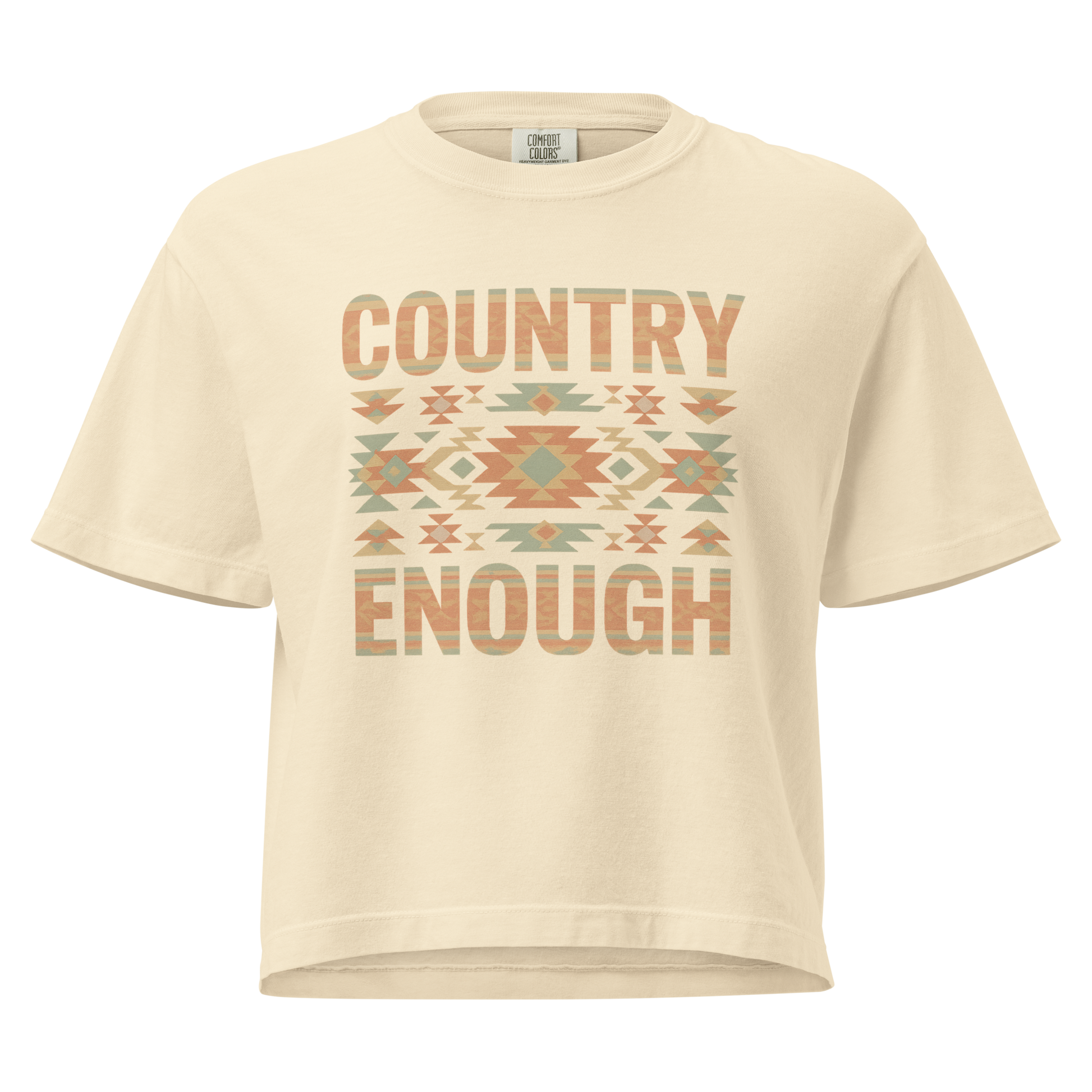 Ivory t-shirt with a stand alone aztec pattern and the pattern used as the color for the words country enough #ivory