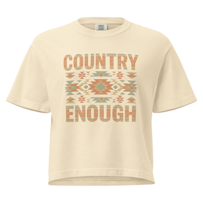 Ivory t-shirt with a stand alone aztec pattern and the pattern used as the color for the words country enough #ivory