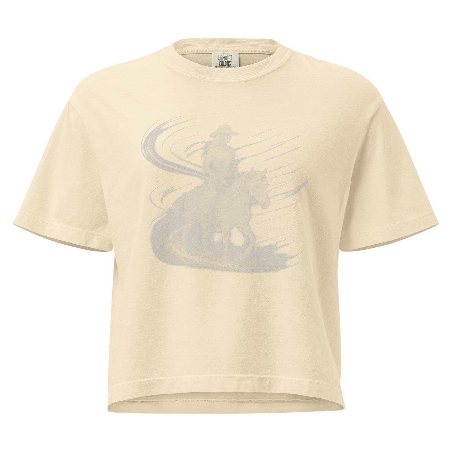 Ivory t-shirt with graphic of cowgirl riding horse with visual wind present #ivory