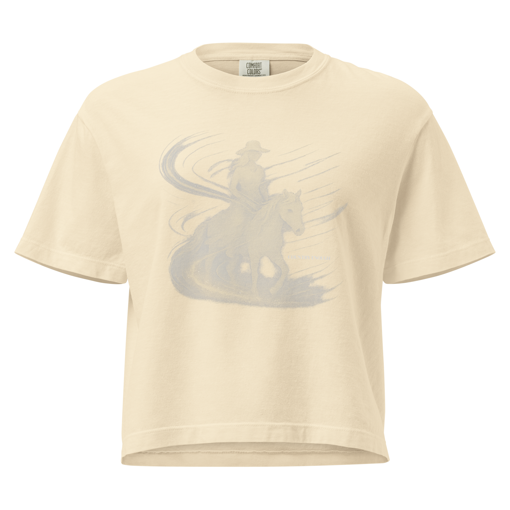Ivory t-shirt with graphic of cowgirl riding horse with visual wind present #ivory