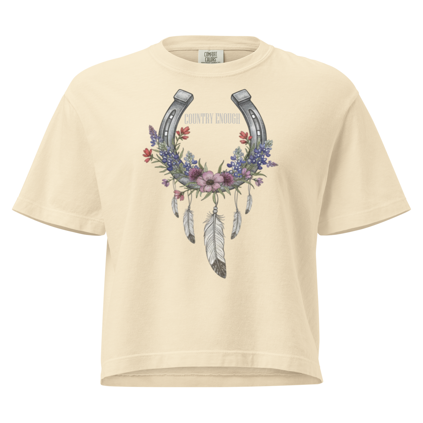 Ivory crop top with horseshoe, feathers, flower, and country enough text graphic #ivory