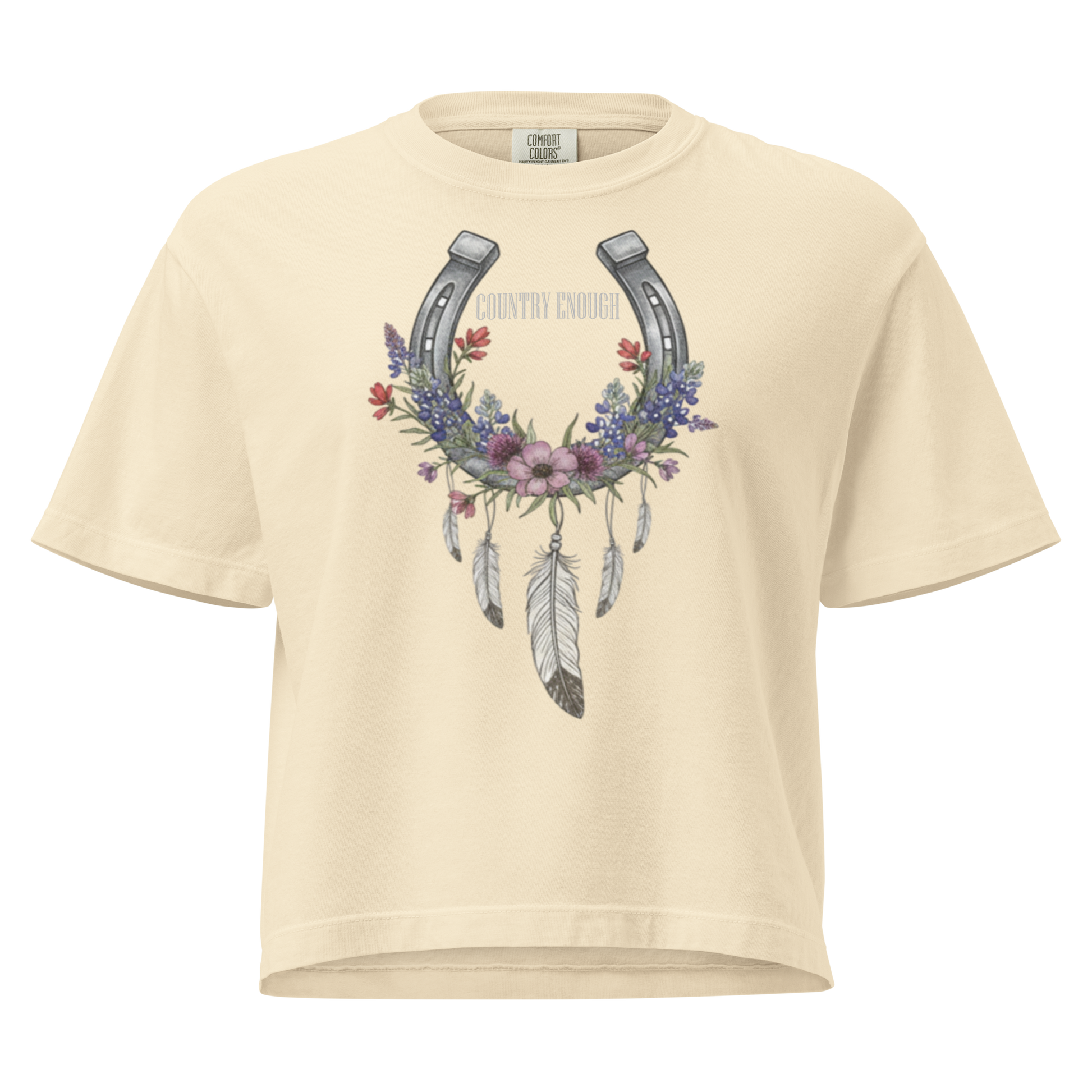 Ivory crop top with horseshoe, feathers, flower, and country enough text graphic #ivory