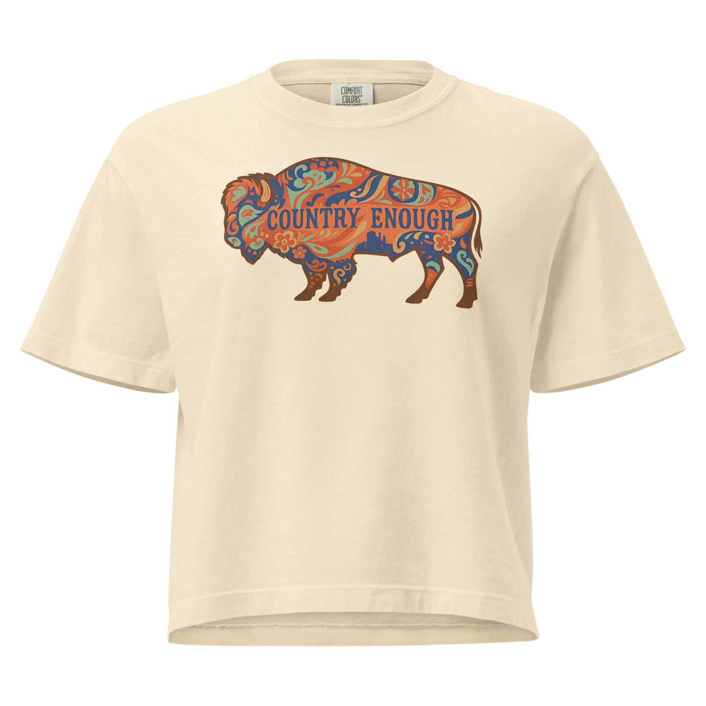 Ivory crop top with floral buffalo graphic and Country Enough text #ivory