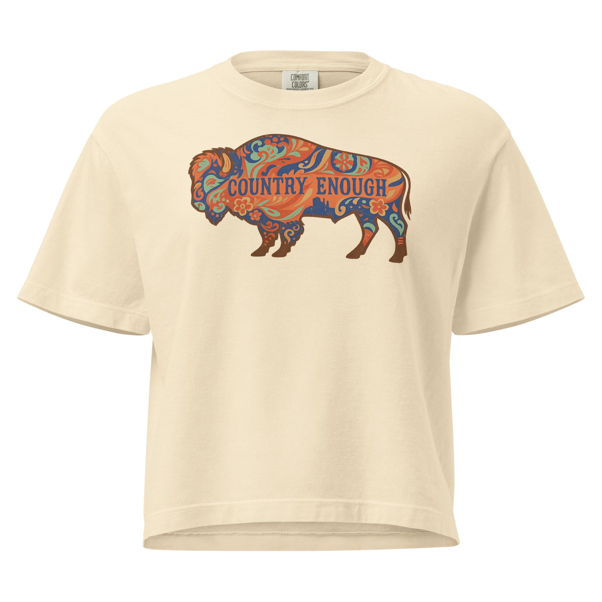 Ivory crop top with floral buffalo graphic and Country Enough text #ivory