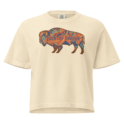 Ivory crop top with floral buffalo graphic and Country Enough text #ivory