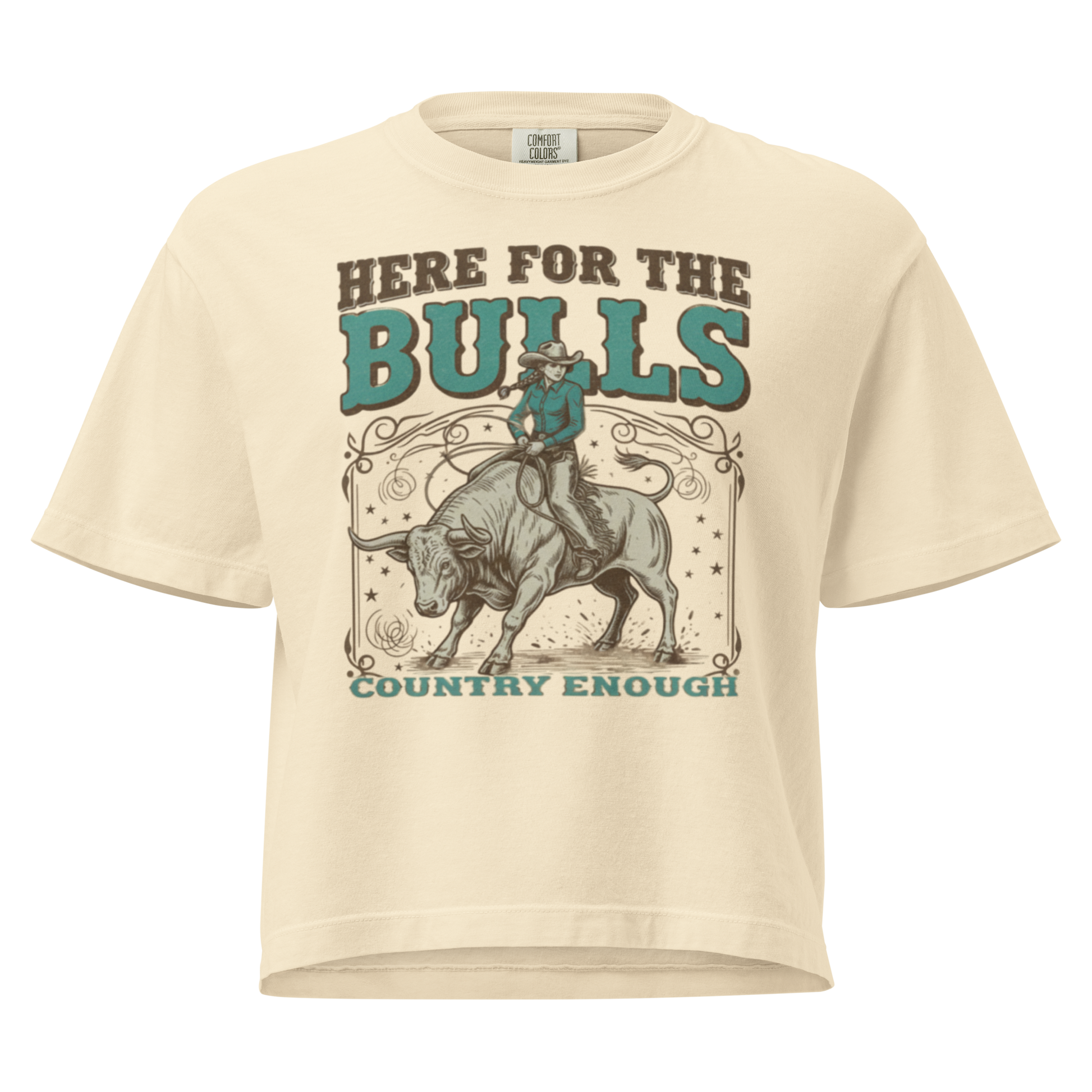 Ivory t-shirt with graphic of cowgirl on top of a bull and words here for the bulls #ivory