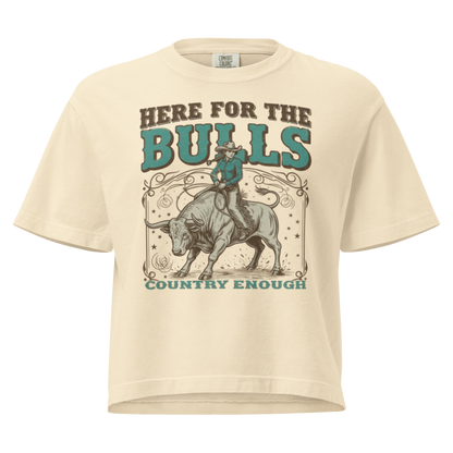 Ivory t-shirt with graphic of cowgirl on top of a bull and words here for the bulls #ivory