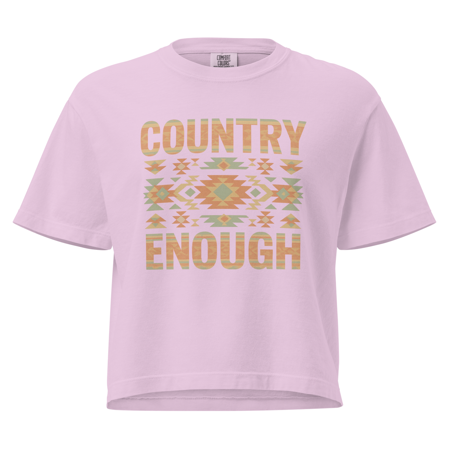 Orchid t-shirt with a stand alone aztec pattern and the pattern used as the color for the words country enough #orchid