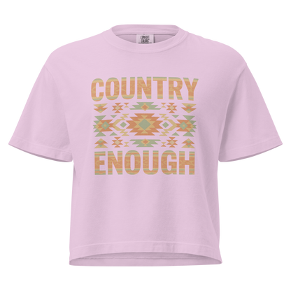 Orchid t-shirt with a stand alone aztec pattern and the pattern used as the color for the words country enough #orchid