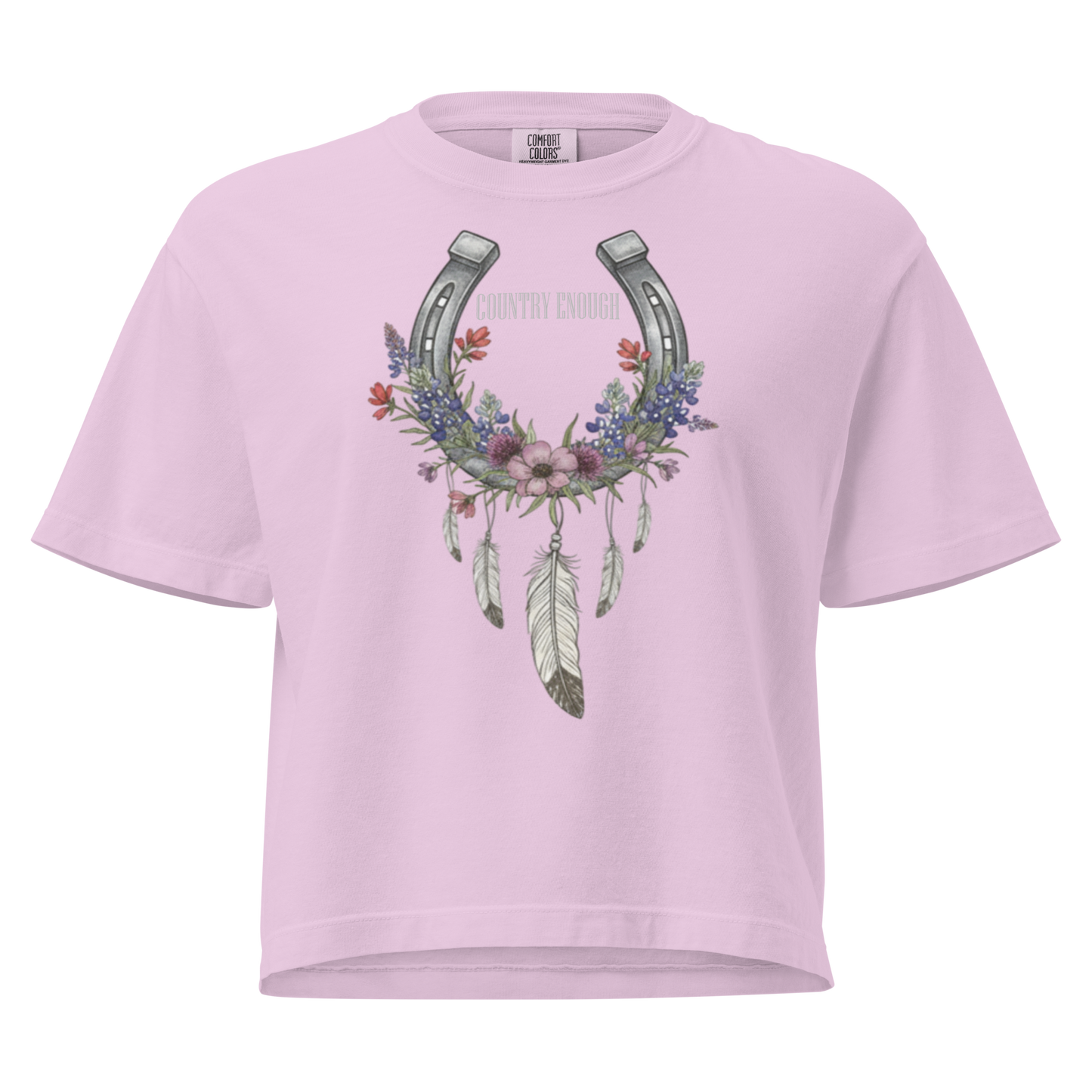 Orchid crop top with horseshoe, feathers, flower, and country enough text graphic #orchid