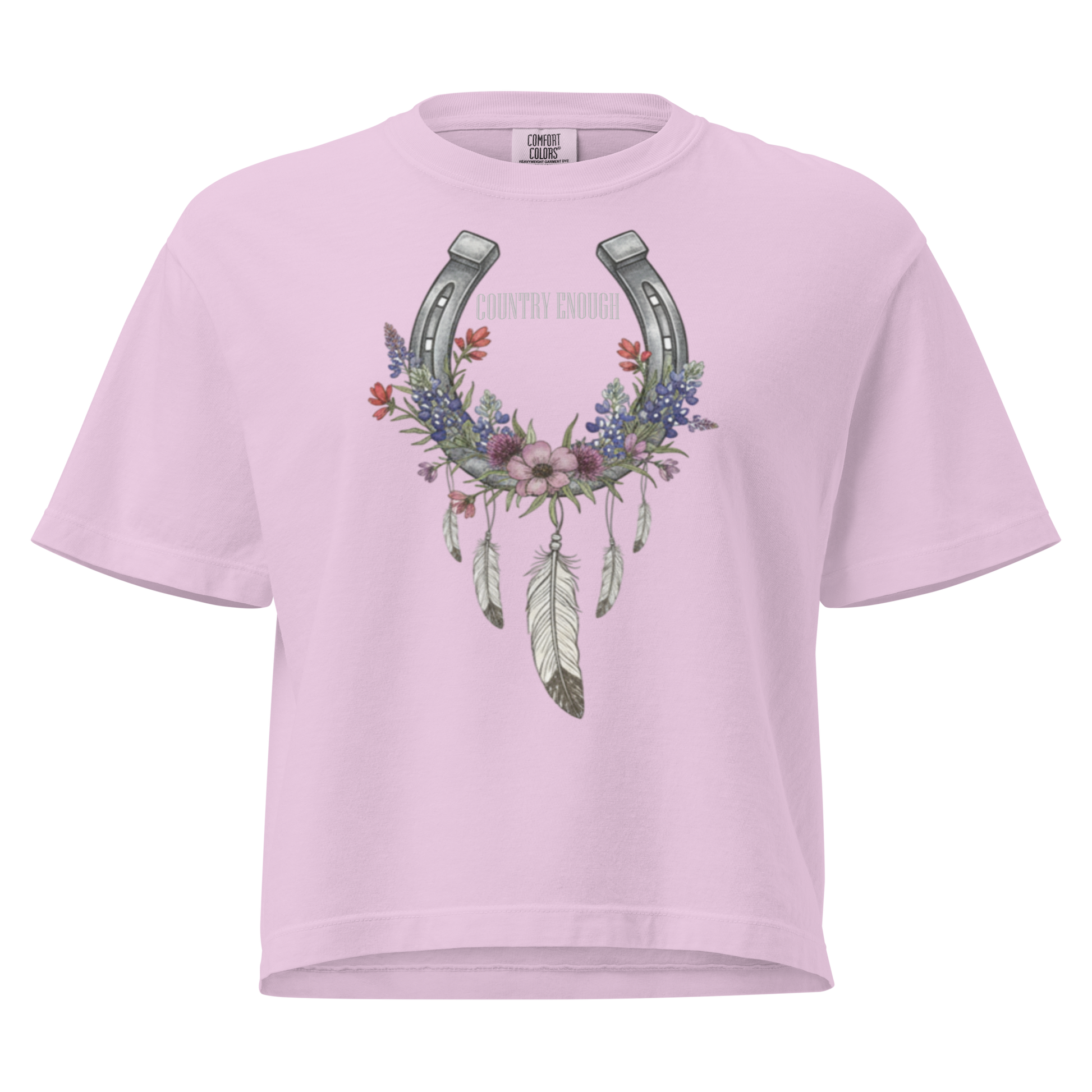 Orchid crop top with horseshoe, feathers, flower, and country enough text graphic #orchid