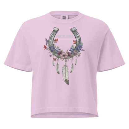 Orchid crop top with horseshoe, feathers, flower, and country enough text graphic #orchid