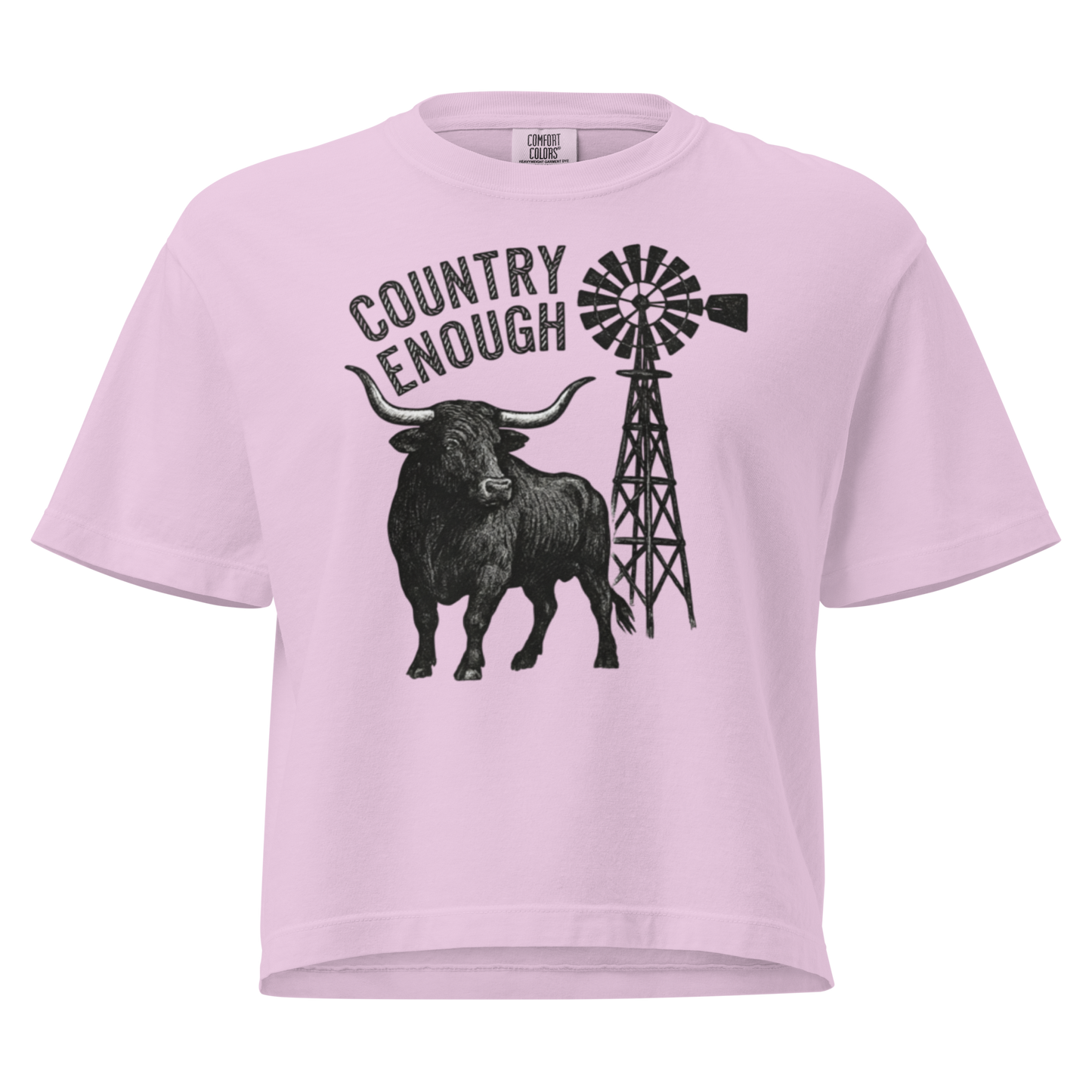 Orchid boxy t-shirt white longhorn, windmill and country enough in rope text graphic #orchid