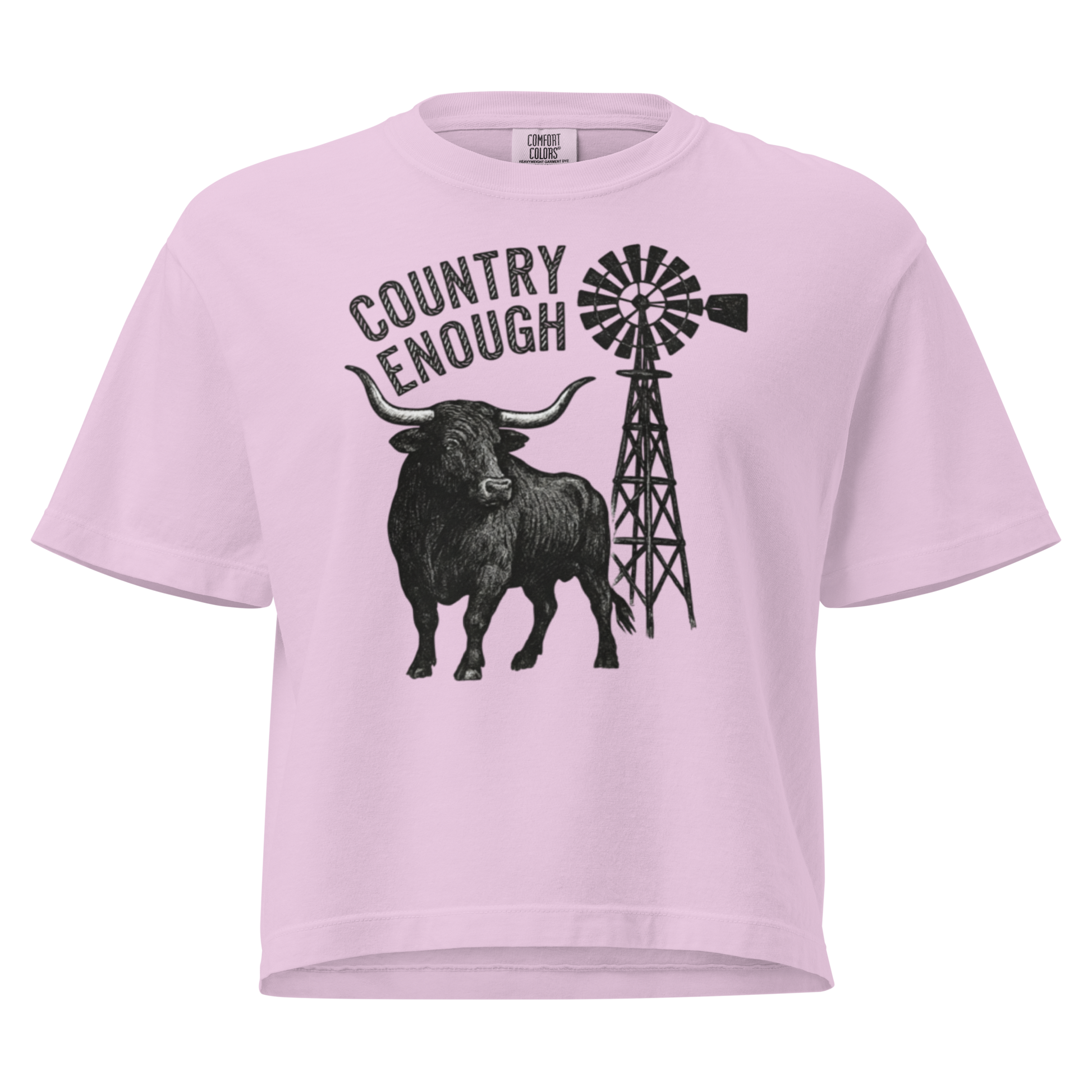 Orchid boxy t-shirt white longhorn, windmill and country enough in rope text graphic #orchid