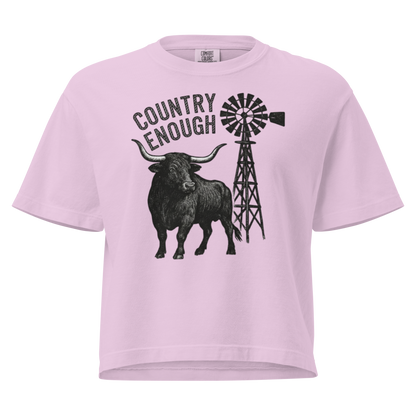 Orchid boxy t-shirt white longhorn, windmill and country enough in rope text graphic #orchid