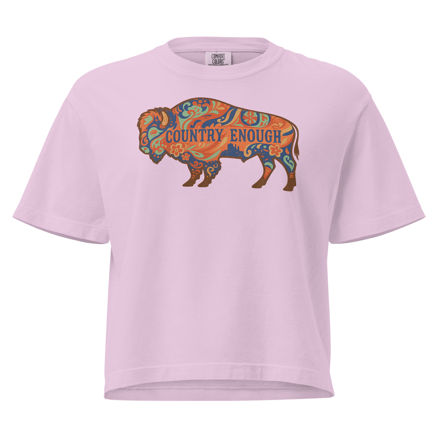 Orchid crop top with floral buffalo graphic and Country Enough text #orchid