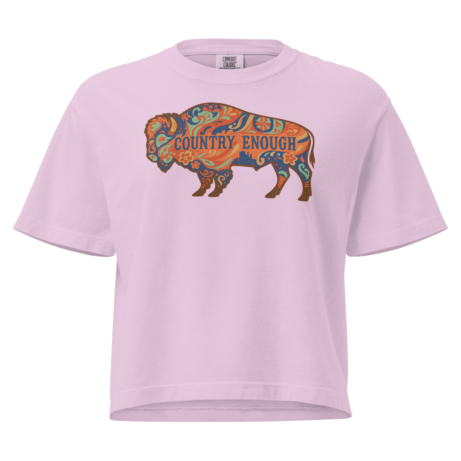 Orchid crop top with floral buffalo graphic and Country Enough text #orchid