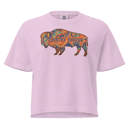 Orchid crop top with floral buffalo graphic and Country Enough text #orchid