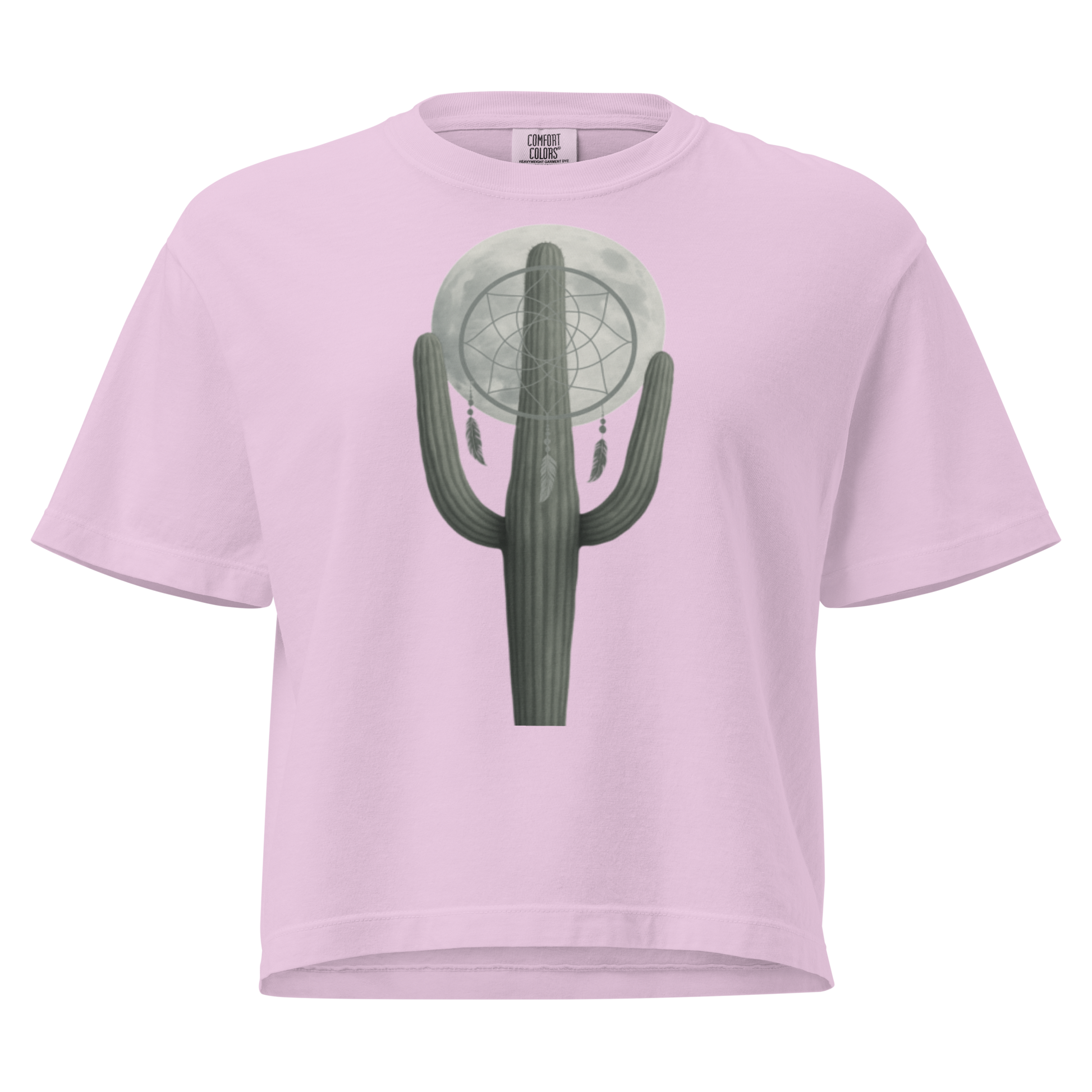 Orchid t-shirt with graphic of cactus, moon, and dreamcatcher #orchid