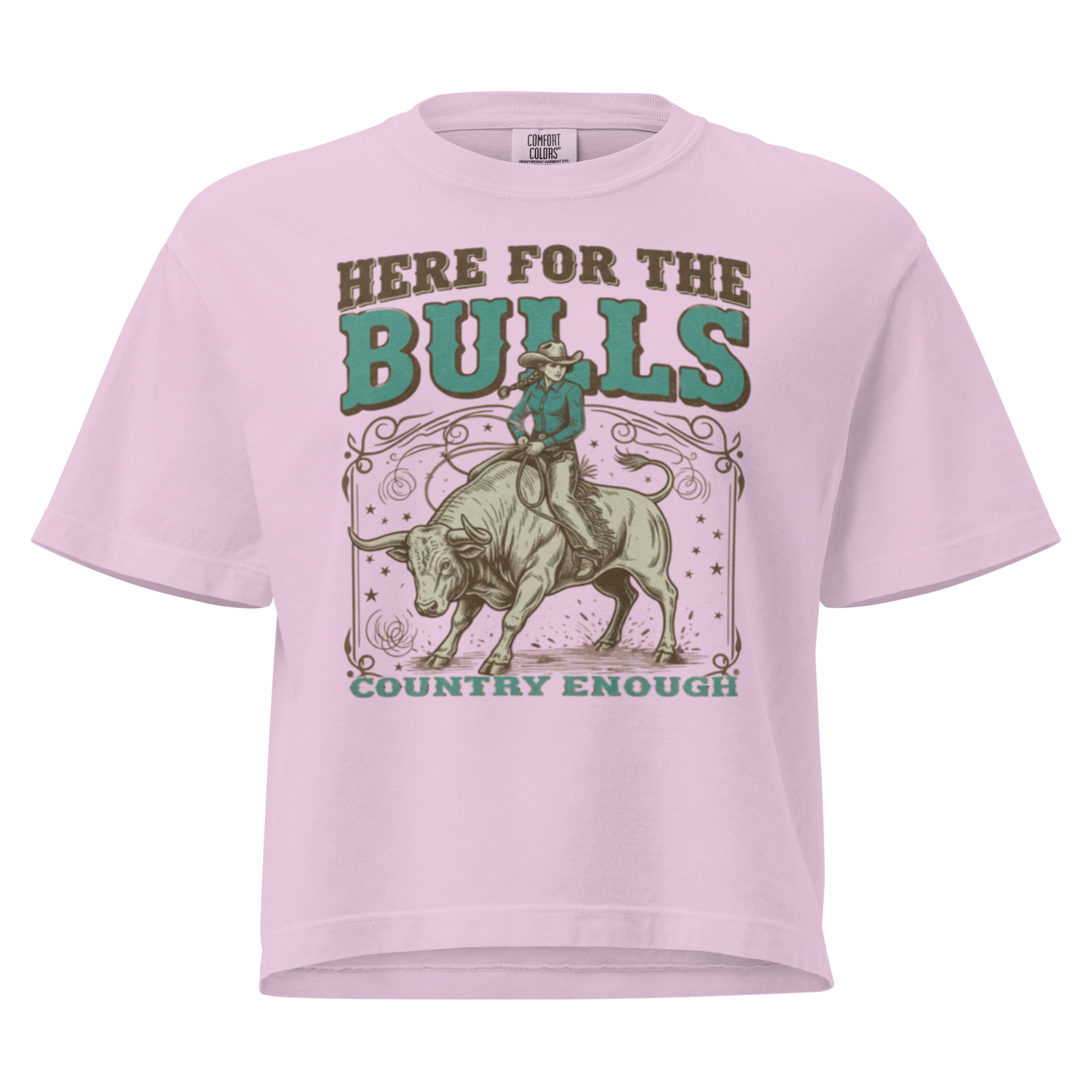 Orchid t-shirt with graphic of cowgirl on top of a bull and words here for the bulls #orchid