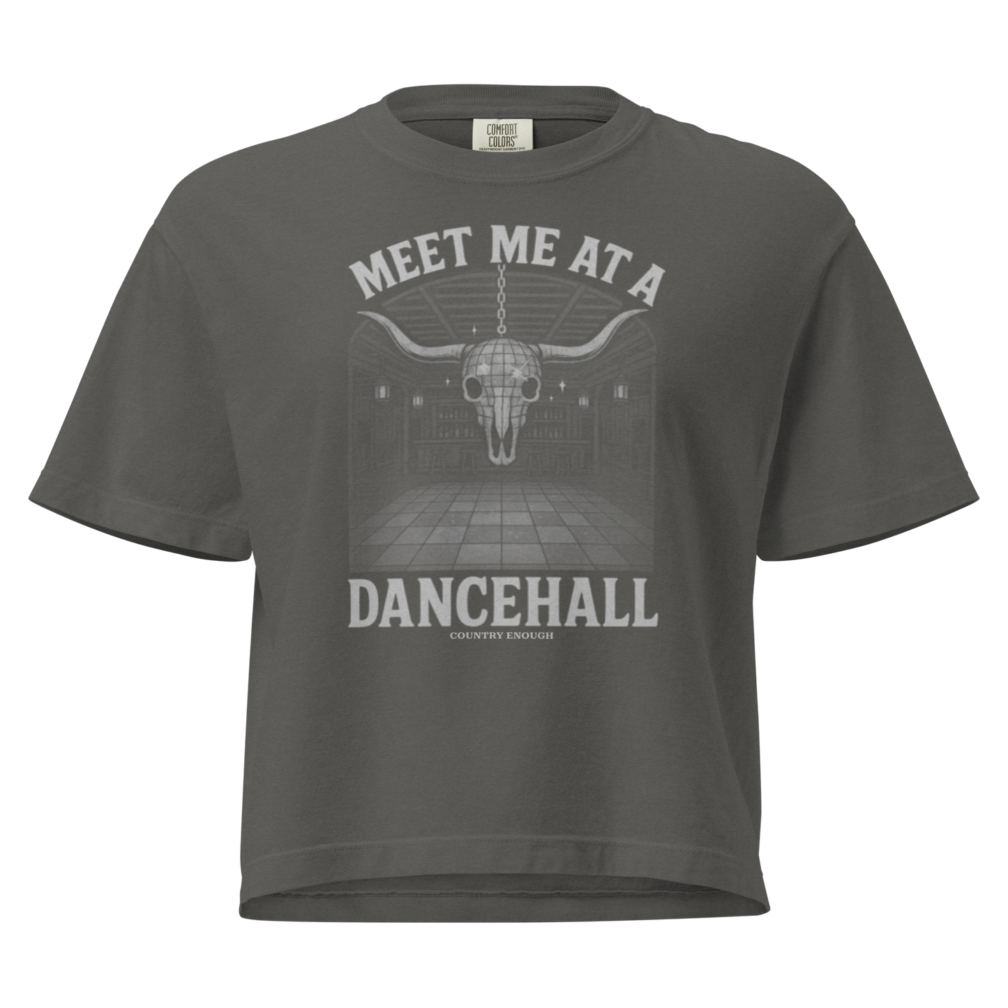 Gray t-shirt with graphic of a bar scene, bull skull shaped disco ball, and the words meet me at a dancehall #gray