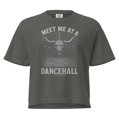 Gray t-shirt with graphic of a bar scene, bull skull shaped disco ball, and the words meet me at a dancehall #gray