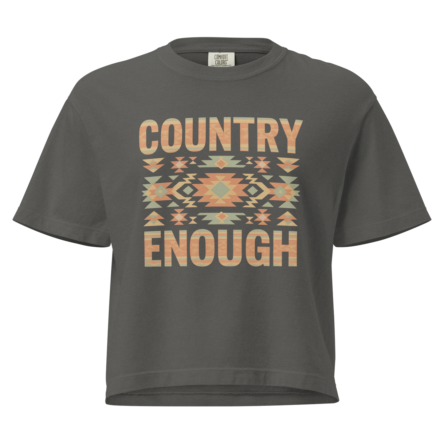 Gray t-shirt with a stand alone aztec pattern and the pattern used as the color for the words country enough #gray