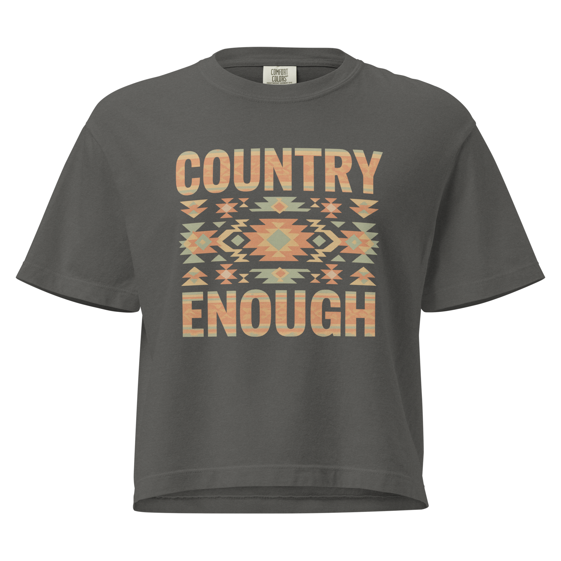 Gray t-shirt with a stand alone aztec pattern and the pattern used as the color for the words country enough #gray