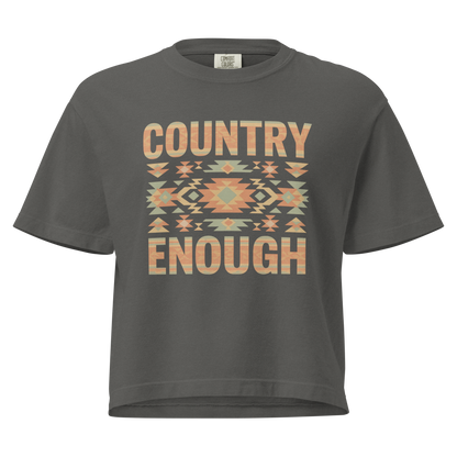 Gray t-shirt with a stand alone aztec pattern and the pattern used as the color for the words country enough #gray