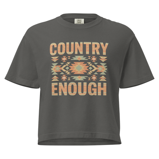 Gray t-shirt with a stand alone aztec pattern and the pattern used as the color for the words country enough #gray