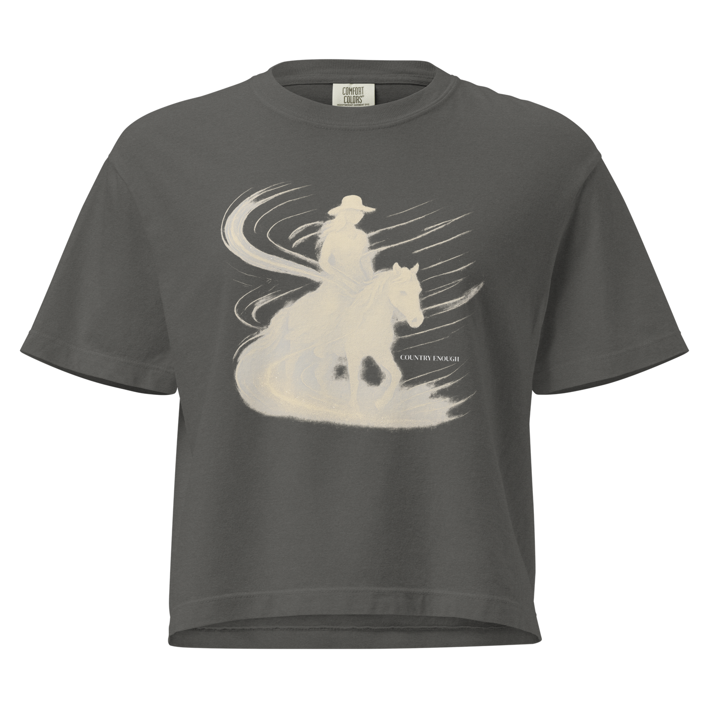 Gray t-shirt with graphic of cowgirl riding horse with visual wind present #gray