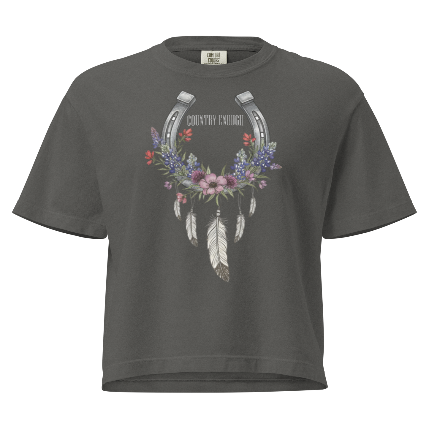 Gray crop top with horseshoe, feathers, flower, and country enough text graphic #gray