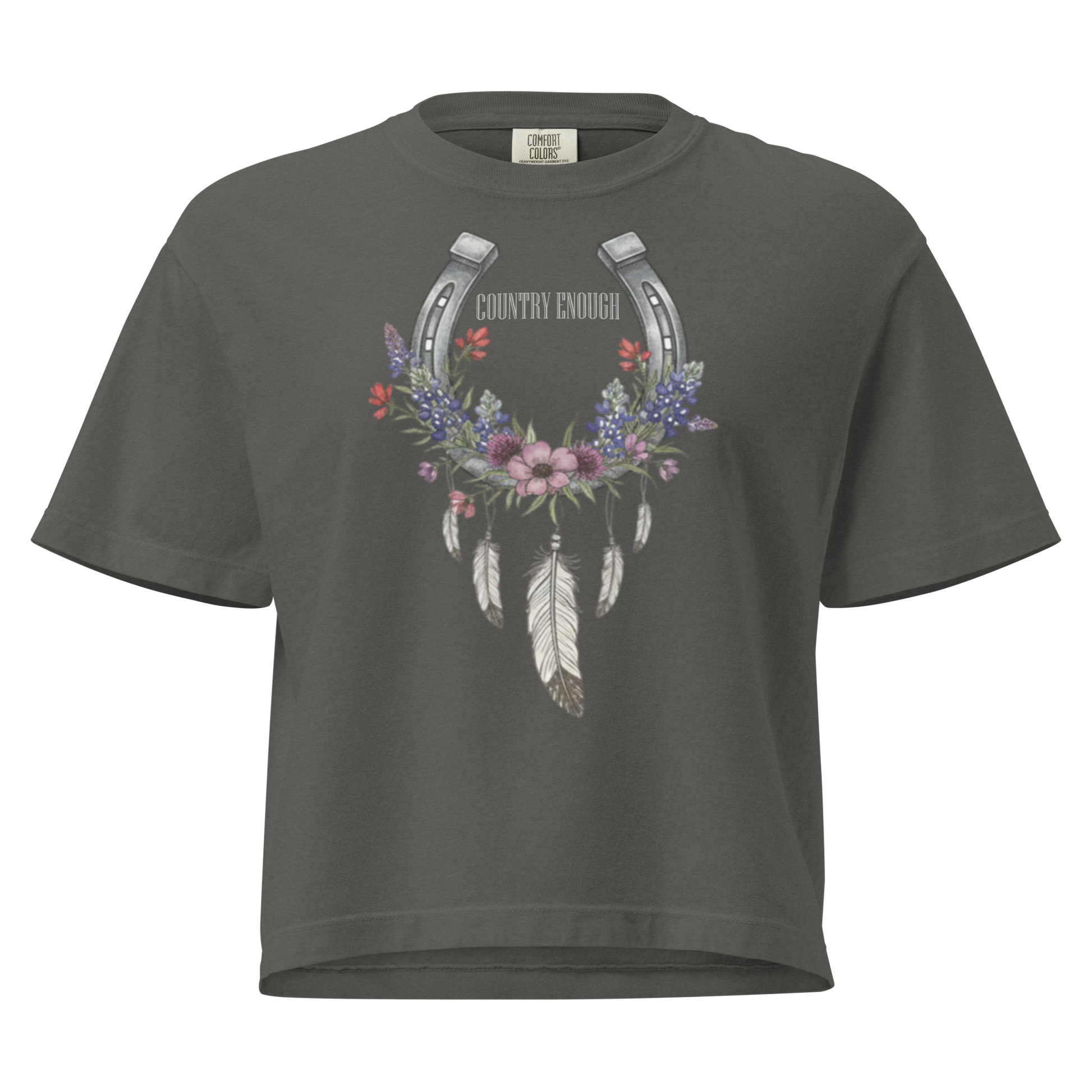 Gray crop top with horseshoe, feathers, flower, and country enough text graphic #gray