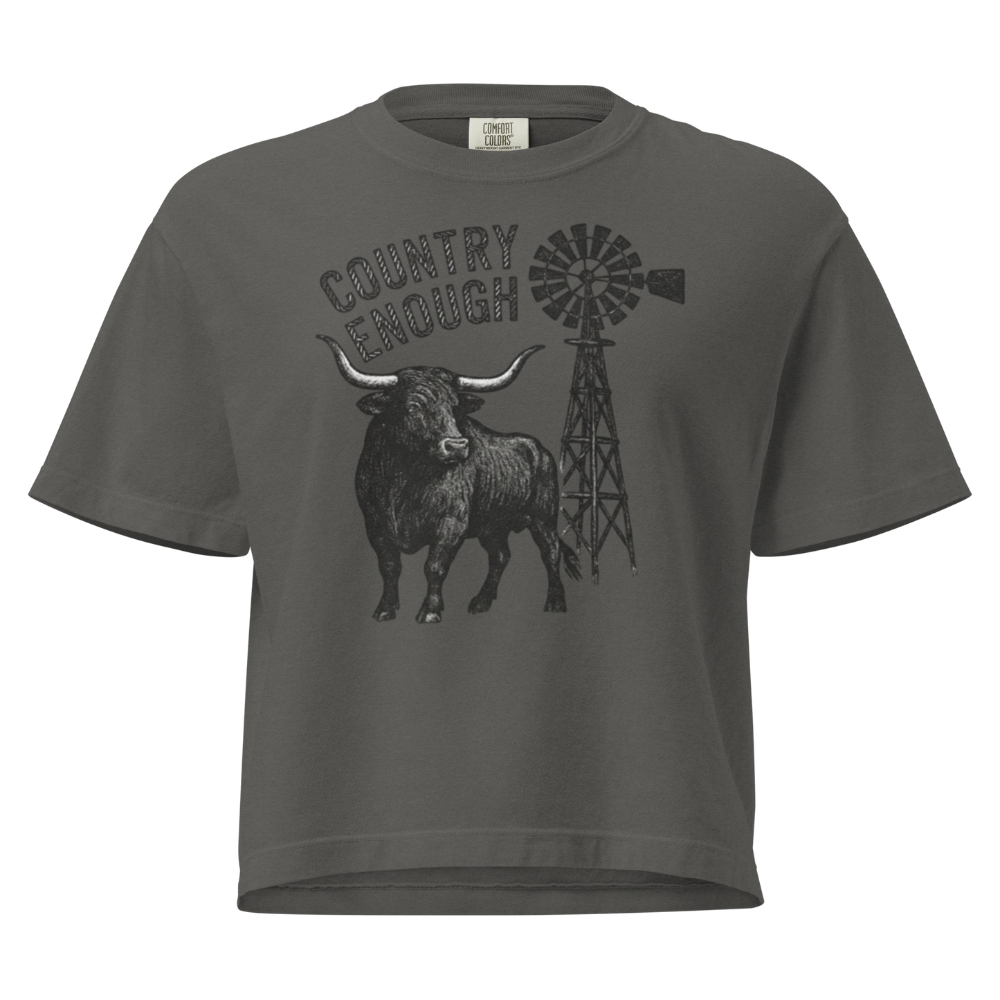 Gray boxy t-shirt white longhorn, windmill and country enough in rope text graphic #gray