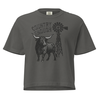 Gray boxy t-shirt white longhorn, windmill and country enough in rope text graphic #gray
