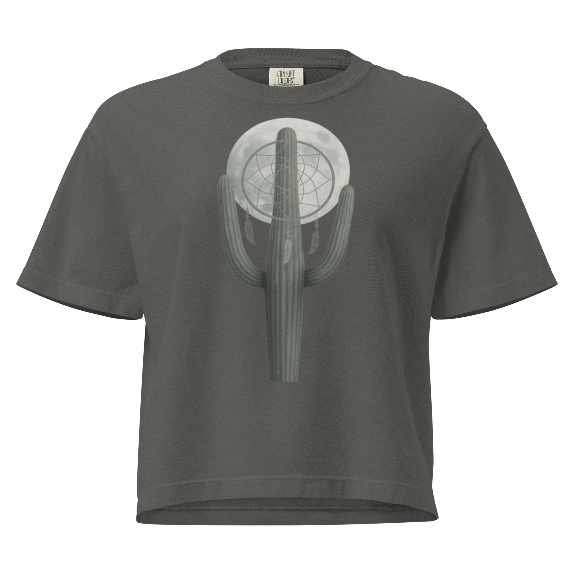 Gray t-shirt with graphic of cactus, moon, and dreamcatcher #gray