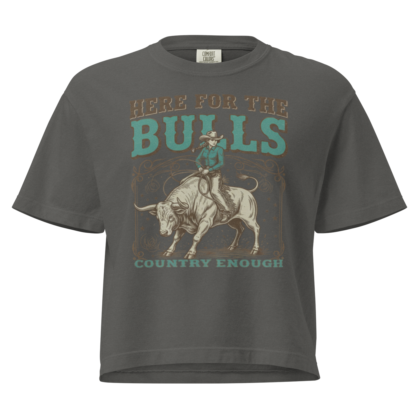 Gray t-shirt with graphic of cowgirl on top of a bull and words here for the bulls #gray