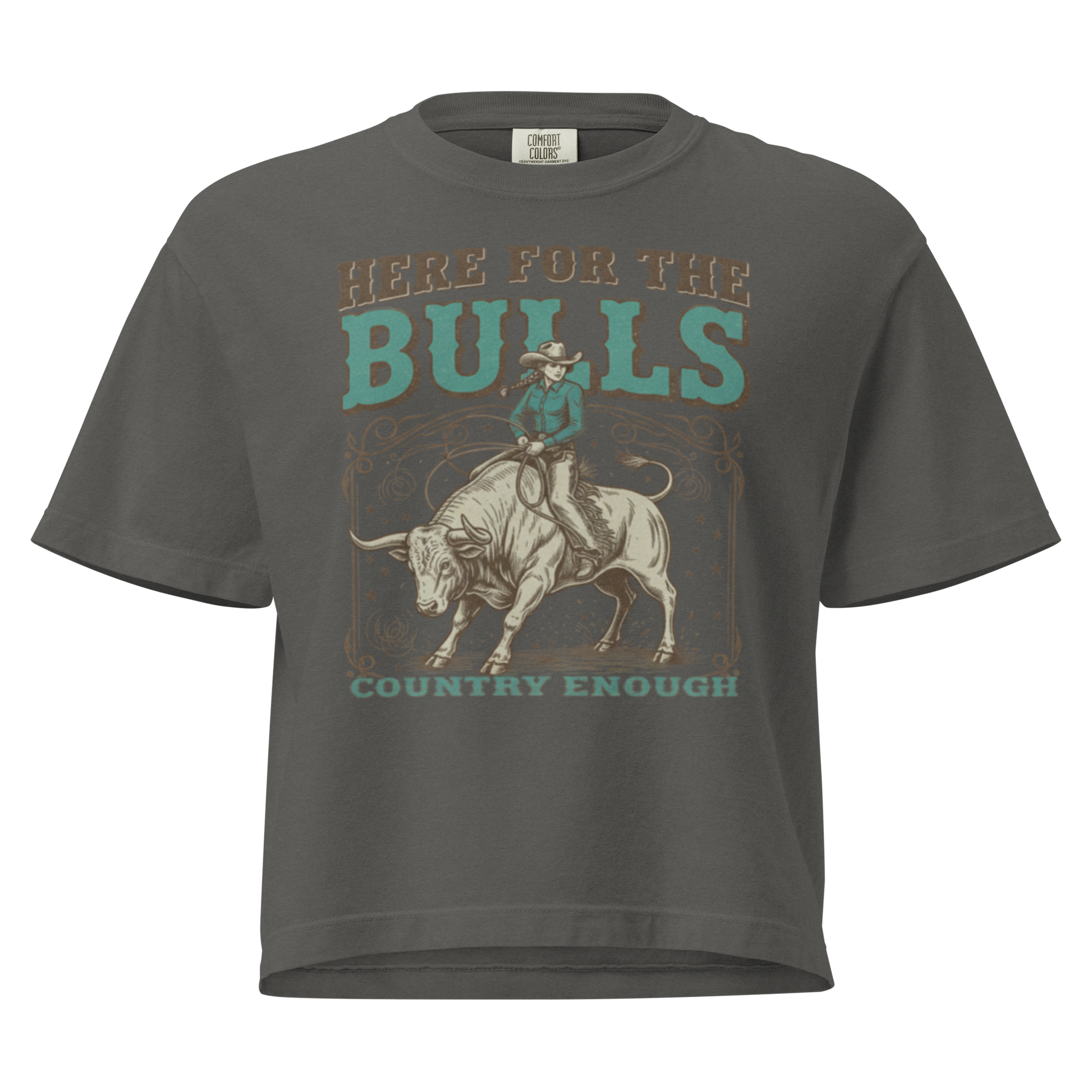 Gray t-shirt with graphic of cowgirl on top of a bull and words here for the bulls #gray