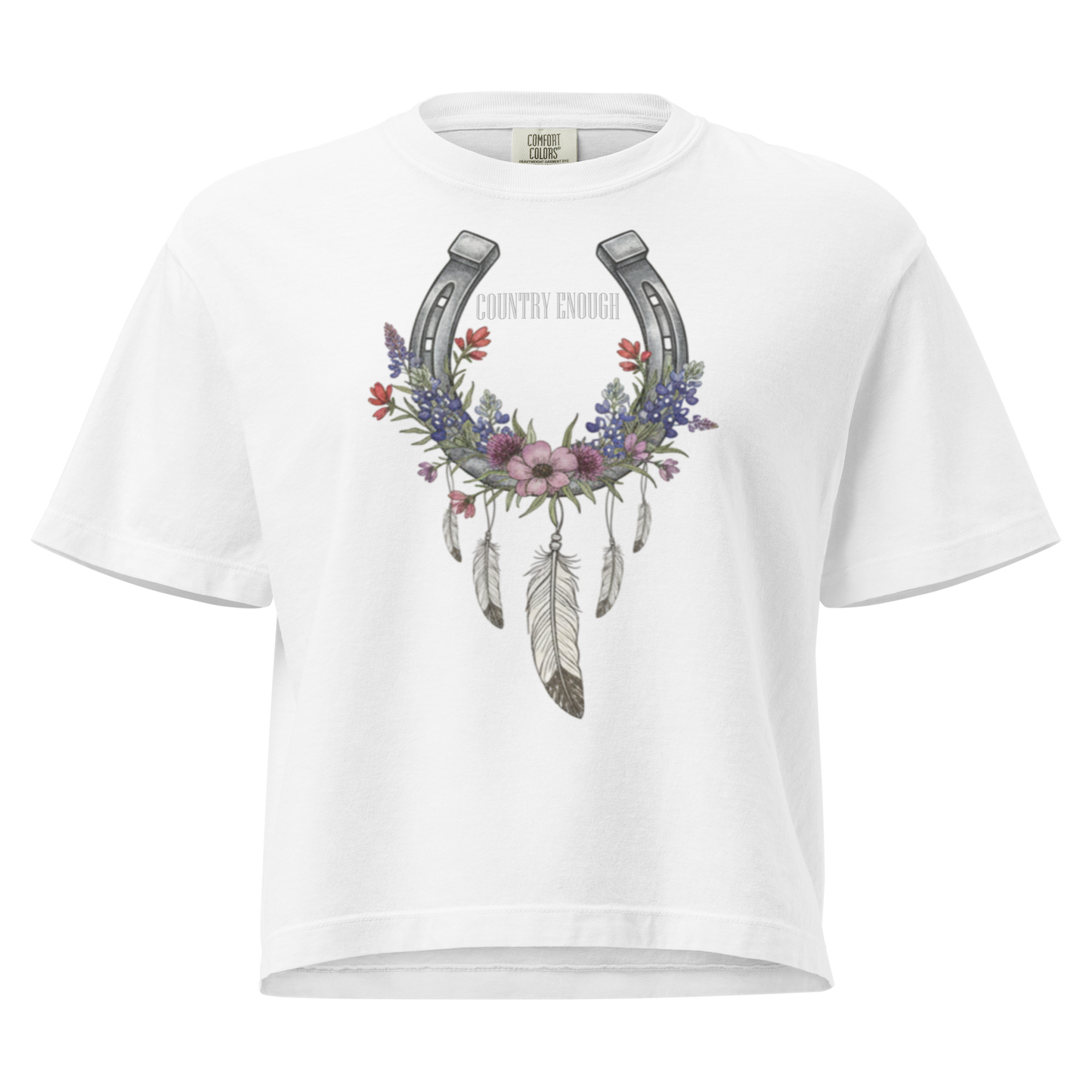 White crop top with horseshoe, feathers, flower, and country enough text graphic #white