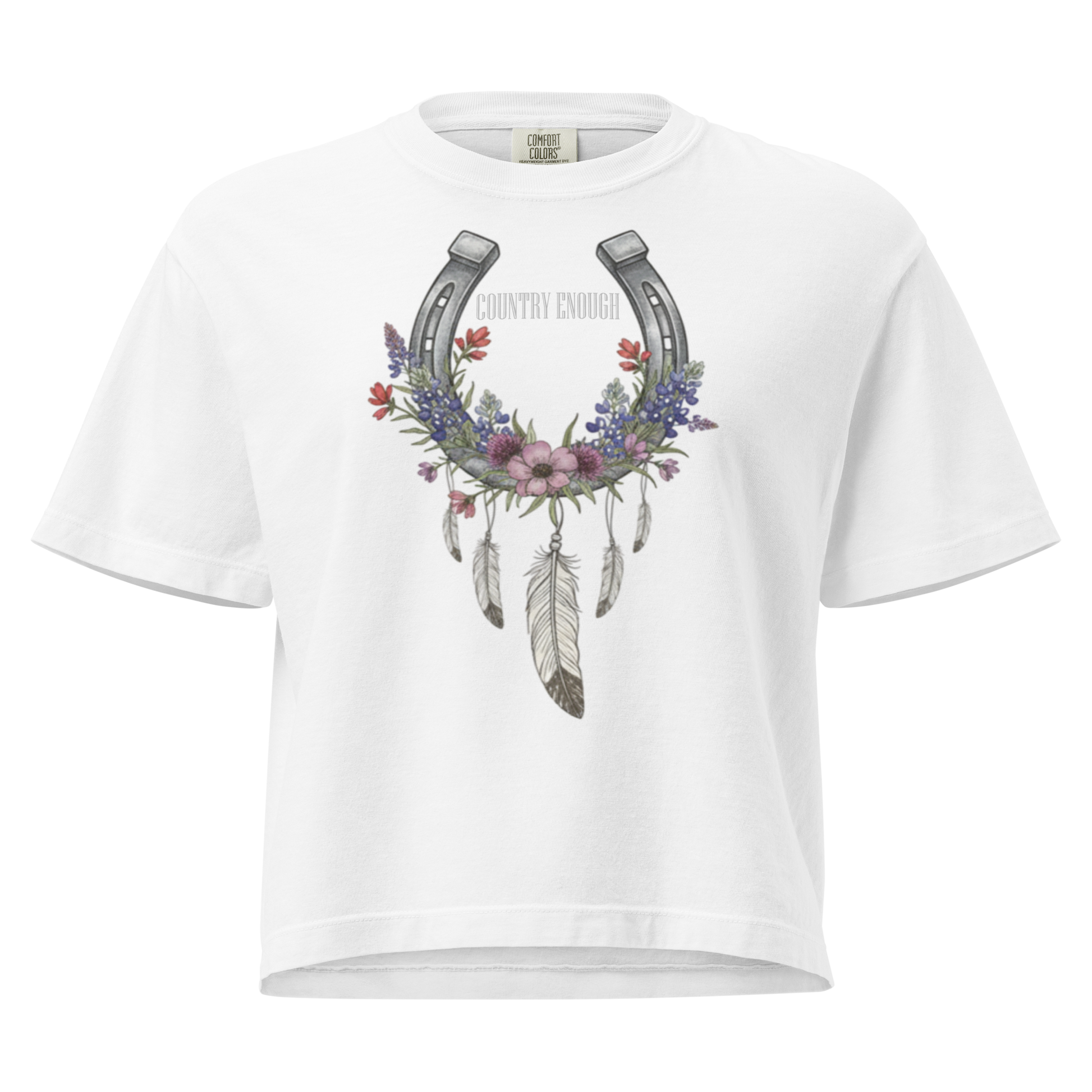 White crop top with horseshoe, feathers, flower, and country enough text graphic #white