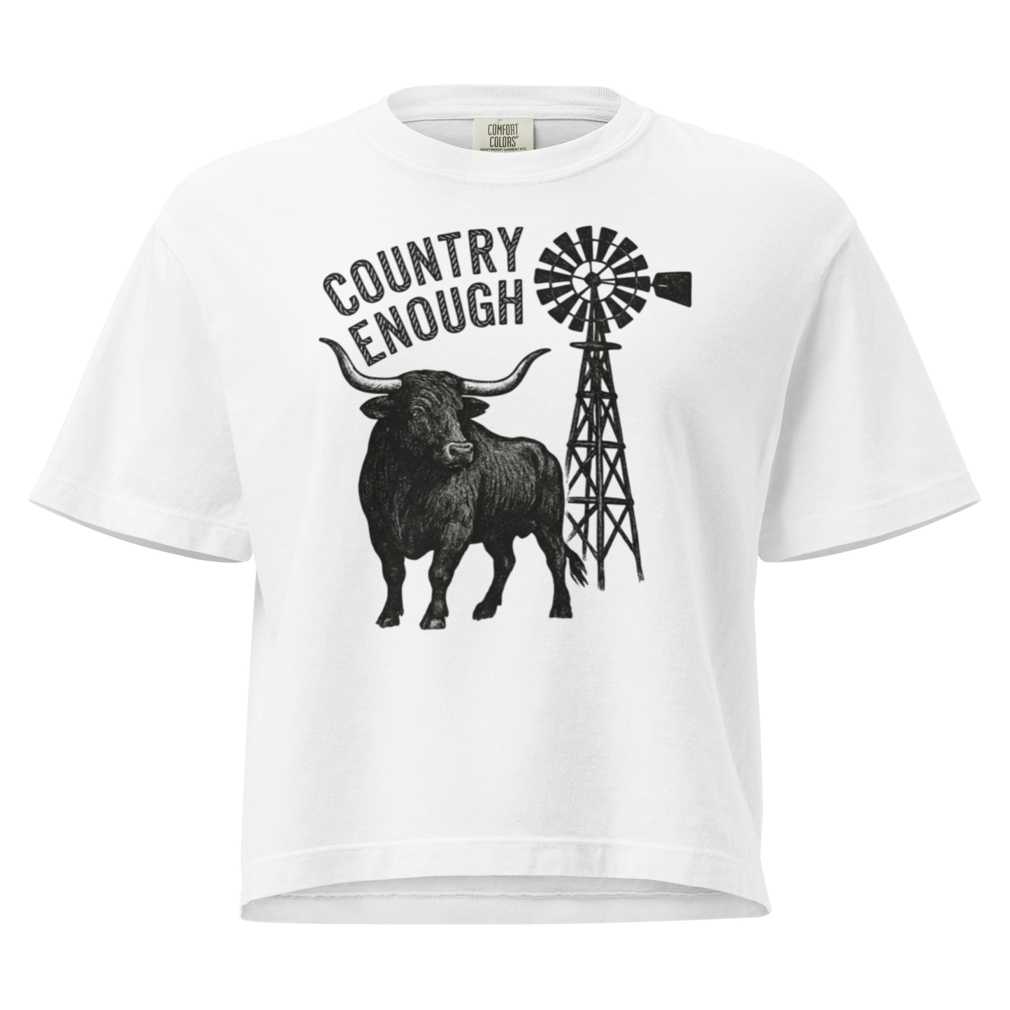 White boxy t-shirt white longhorn, windmill and country enough in rope text graphic #white