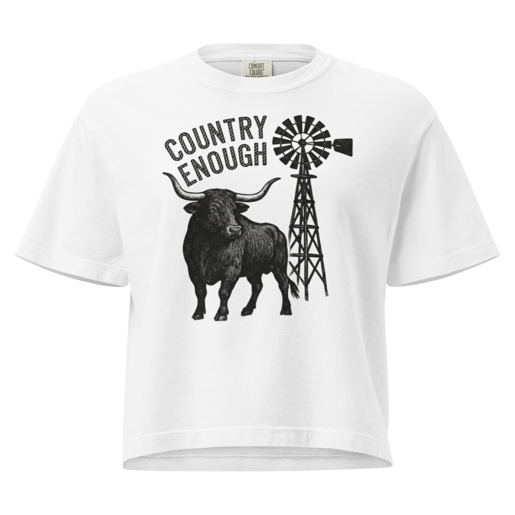 White boxy t-shirt white longhorn, windmill and country enough in rope text graphic #white
