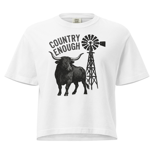 White boxy t-shirt white longhorn, windmill and country enough in rope text graphic #white
