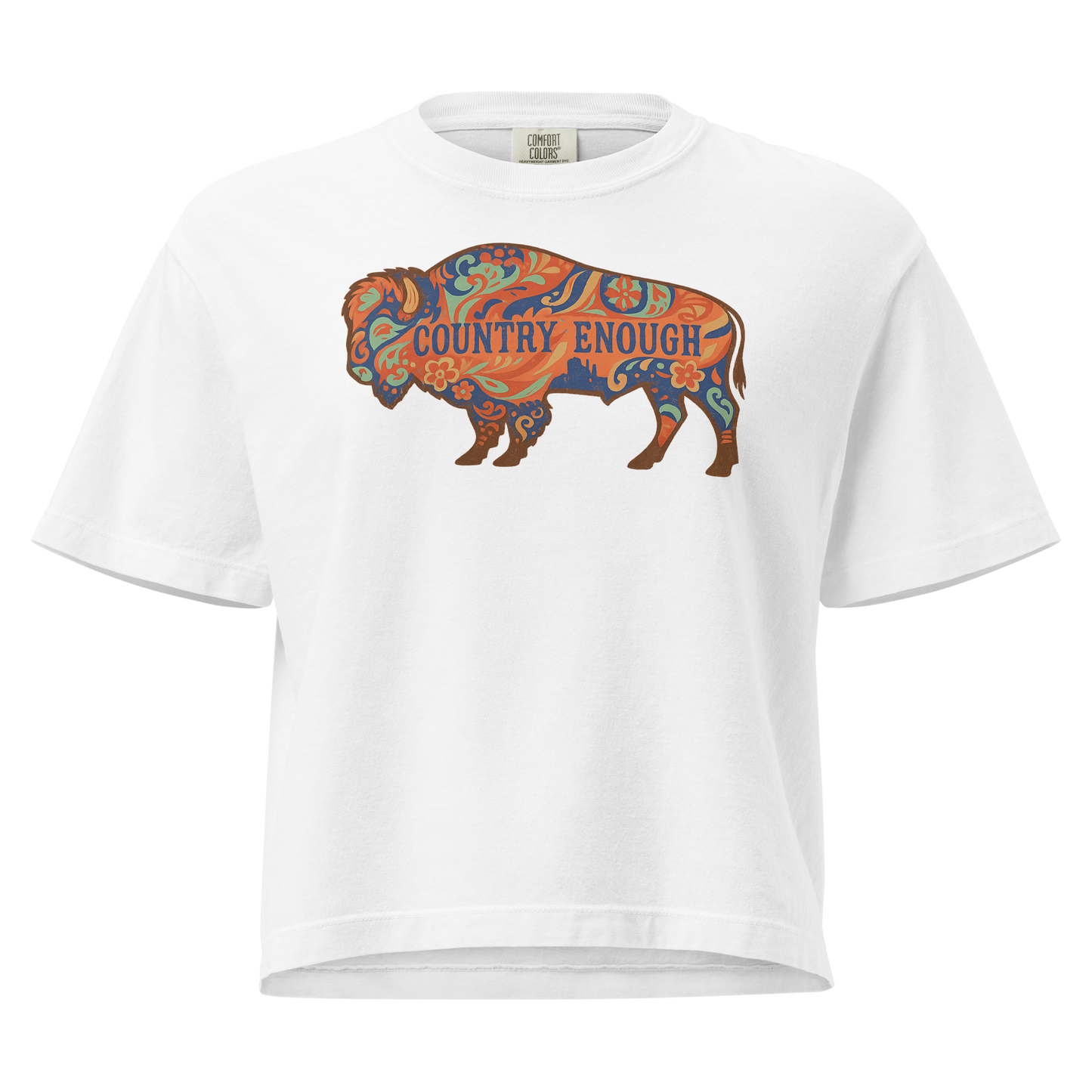 White crop top with floral buffalo graphic and Country Enough text #white