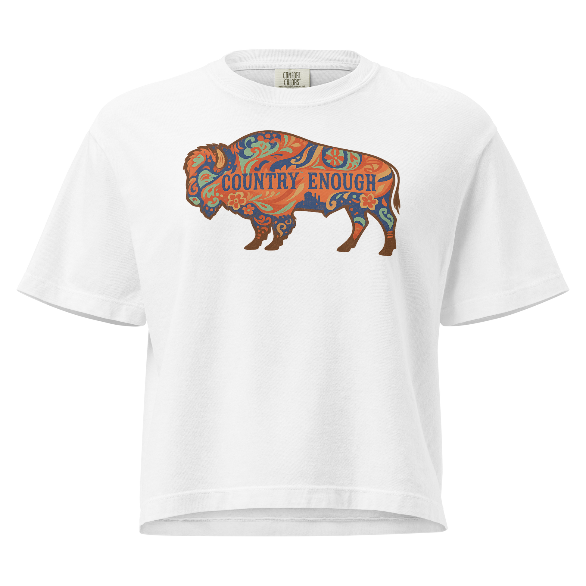 White crop top with floral buffalo graphic and Country Enough text #white