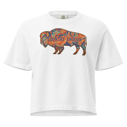 White crop top with floral buffalo graphic and Country Enough text #white