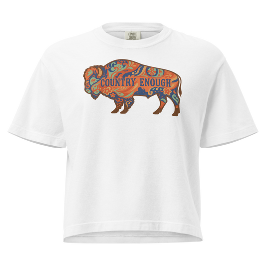 White crop top with floral buffalo graphic and Country Enough text #white