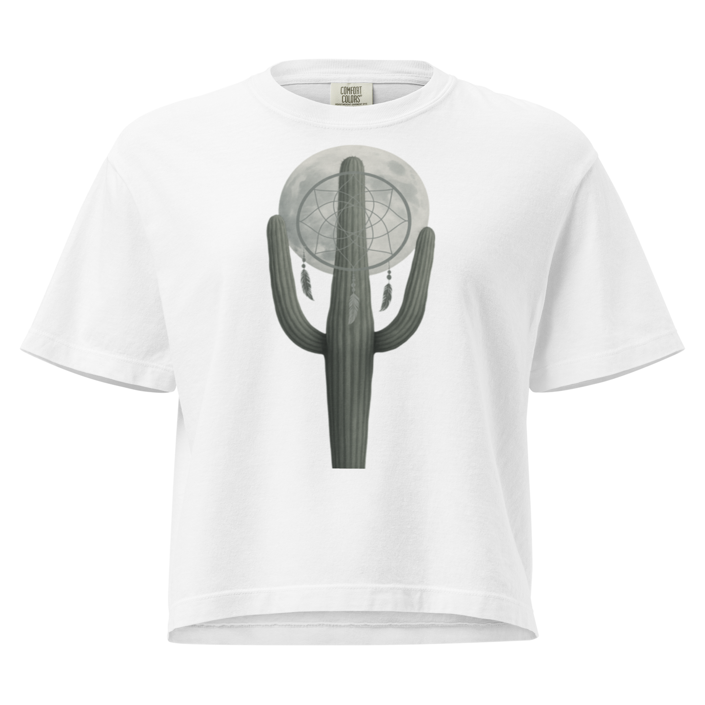 White t-shirt with graphic of cactus, moon, and dreamcatcher #white