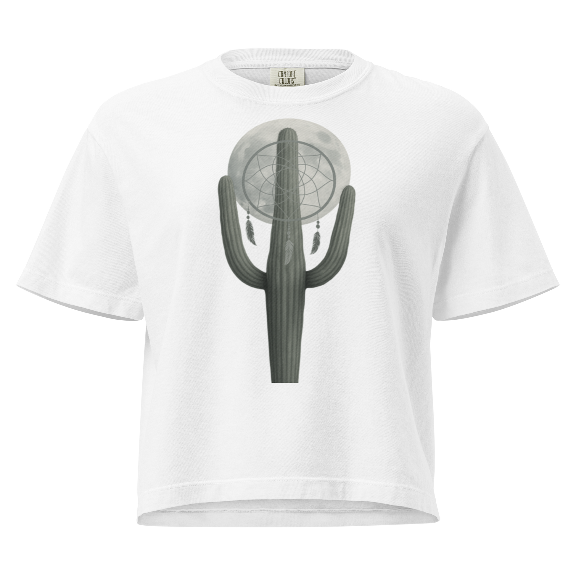 White t-shirt with graphic of cactus, moon, and dreamcatcher #white