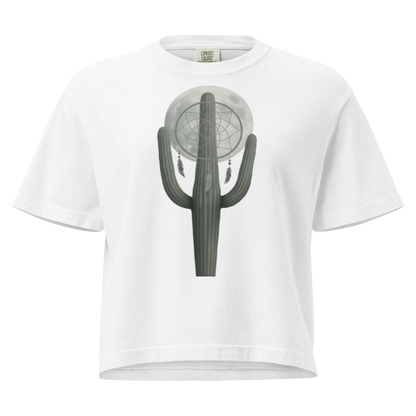 White t-shirt with graphic of cactus, moon, and dreamcatcher #white